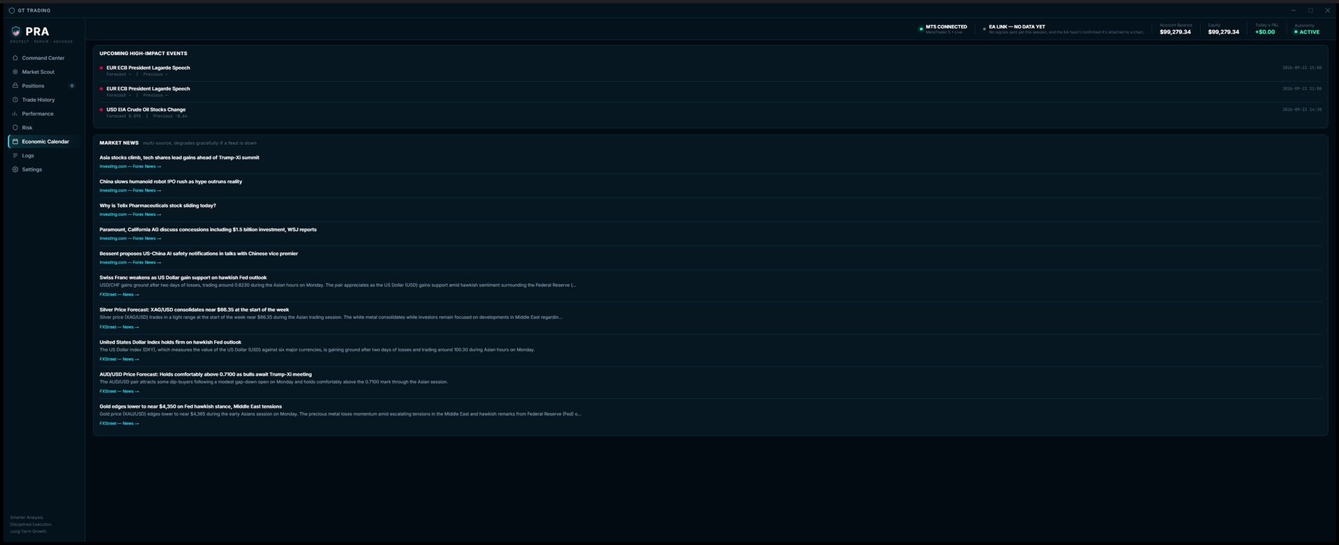 Economic calendar screen showing upcoming high-impact events and a live market news feed
